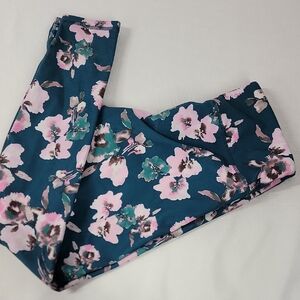 Fabletics Kids Floral Leggings - Pink and Green on Blue